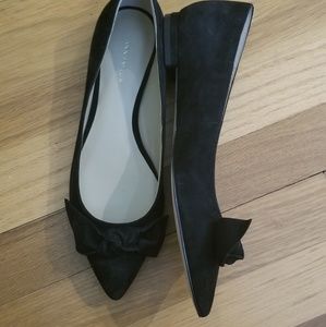 Ann Taylor Black Suede Pointed-Toe Flats with Bow